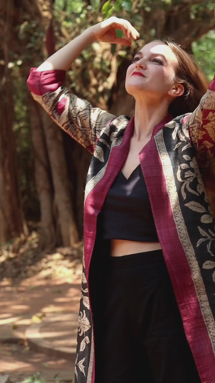 Black Floral Hand Painted Kalamkari Tussar Silk Long Jacket
