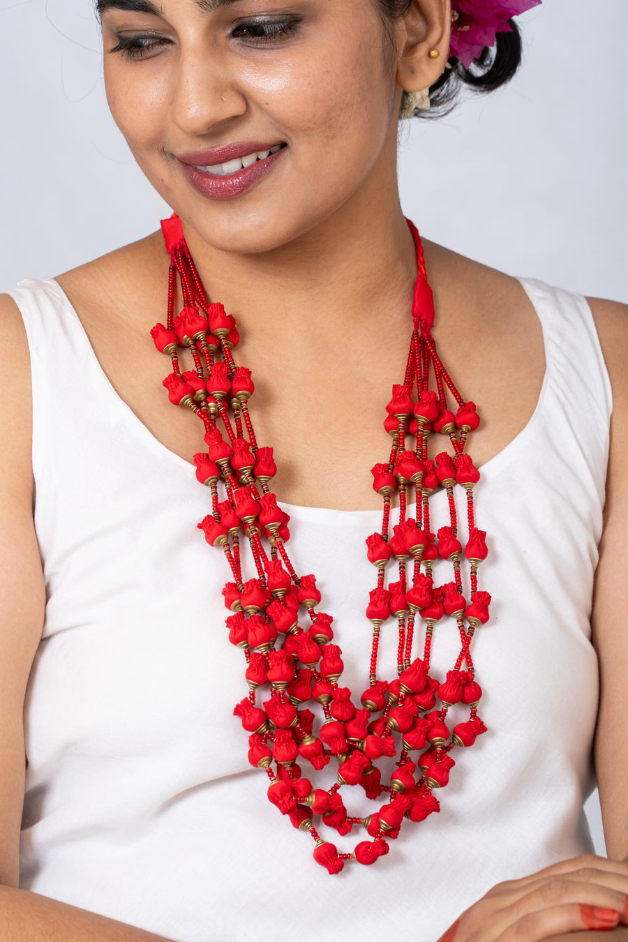 Handcrafted Buds Necklace - Red