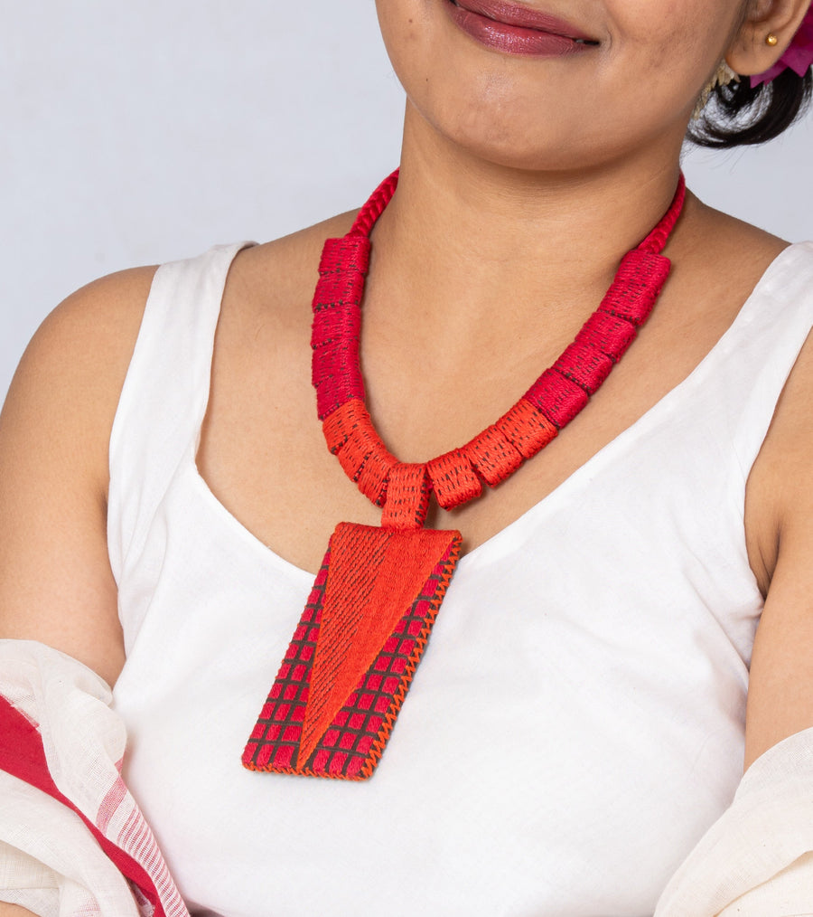 Handcrafted Geometric Necklace - Red & Orange
