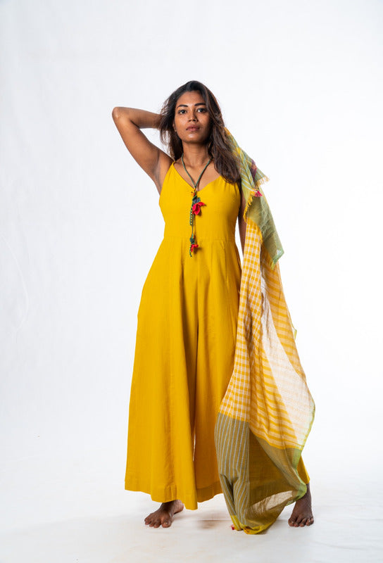 Set of 2- Mustard Hand Spun Cotton Jumpsuit & Scarf