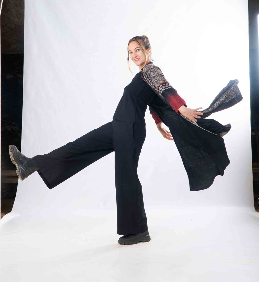 Black Tussar Silk Long Jacket