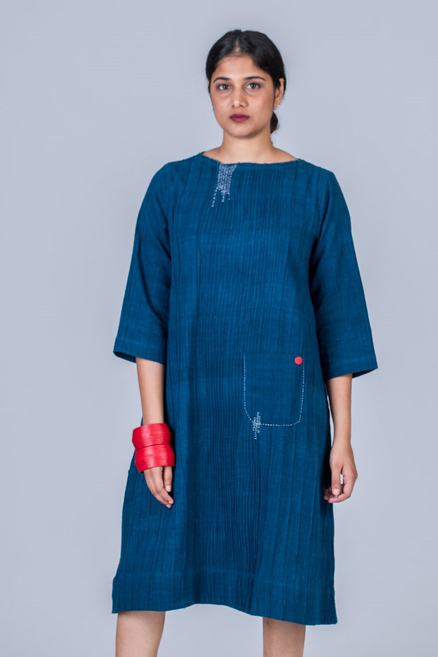 Natural Indigo Cotton pintuck dress - PARINA - Upasana Design Studio