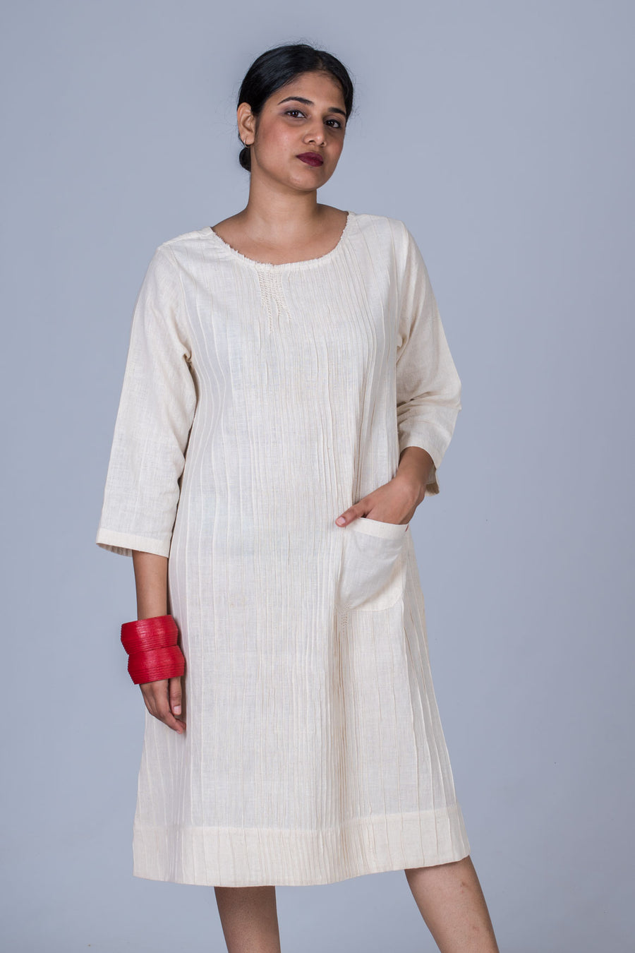Off  White Desi Cotton Pintuck Dress - PARINA - Upasana Design Studio