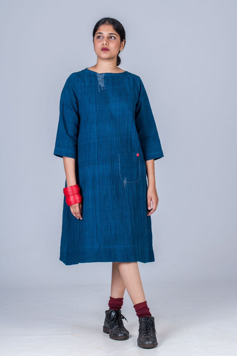 Natural Indigo Cotton pintuck dress - PARINA - Upasana Design Studio