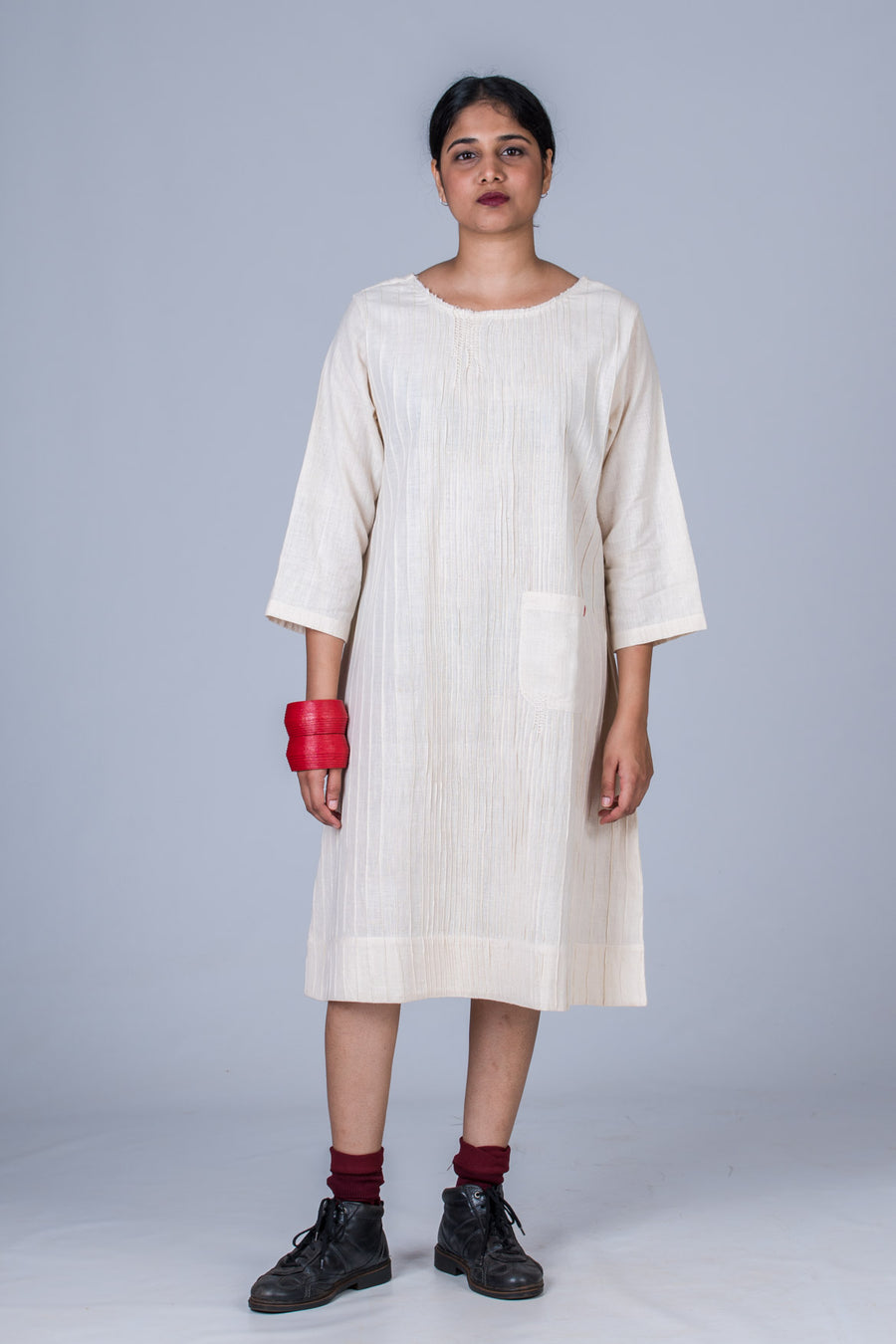 Off  White Desi Cotton Pintuck Dress - PARINA - Upasana Design Studio