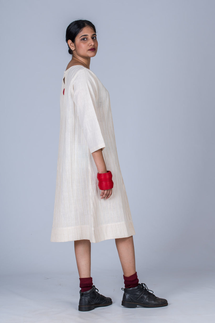 Off  White Desi Cotton Pintuck Dress - PARINA - Upasana Design Studio