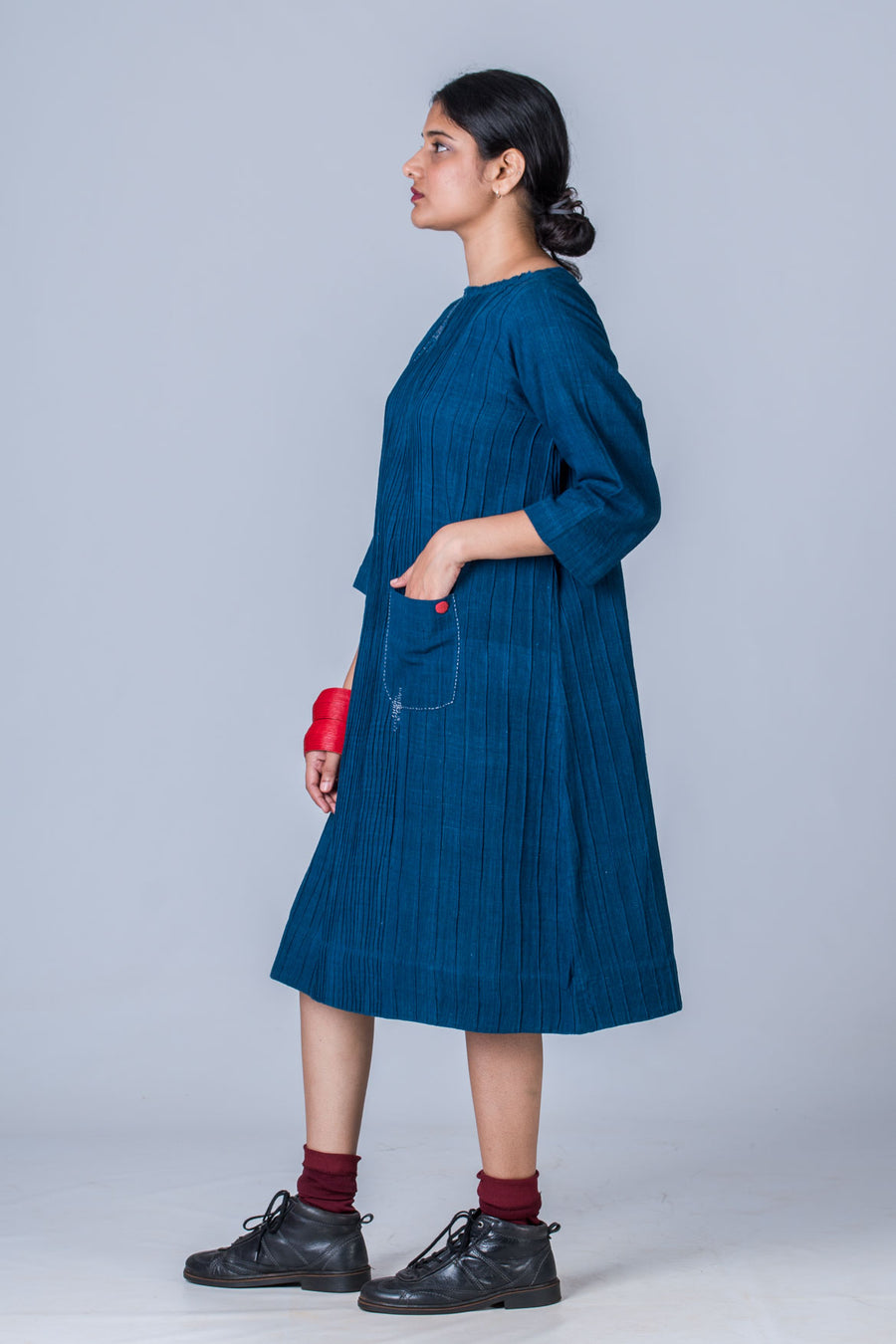 Natural Indigo Cotton pintuck dress - PARINA - Upasana Design Studio