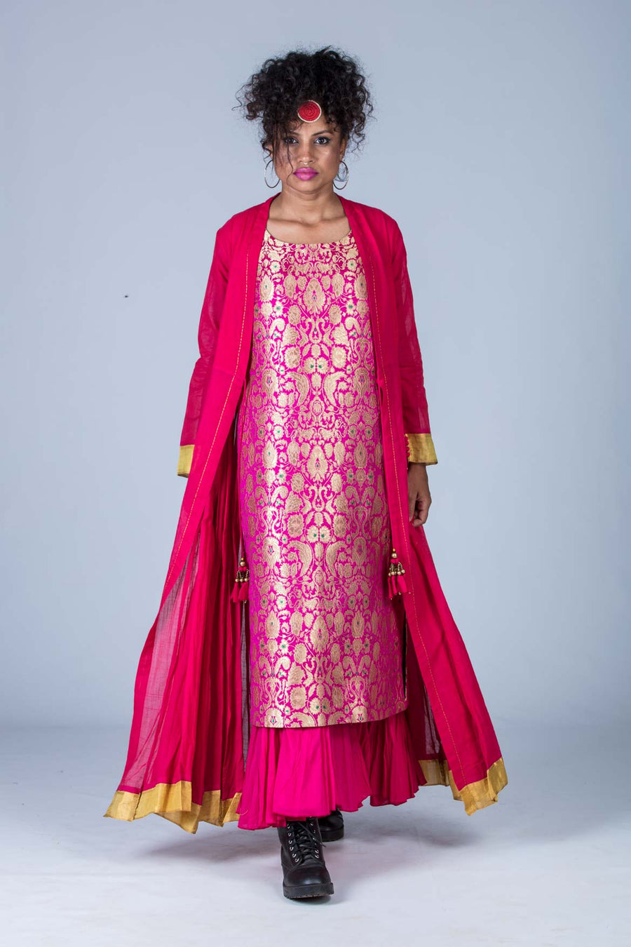 Set of 2- Pink Banarasi Silk Dress & Cotton Silk Jacket