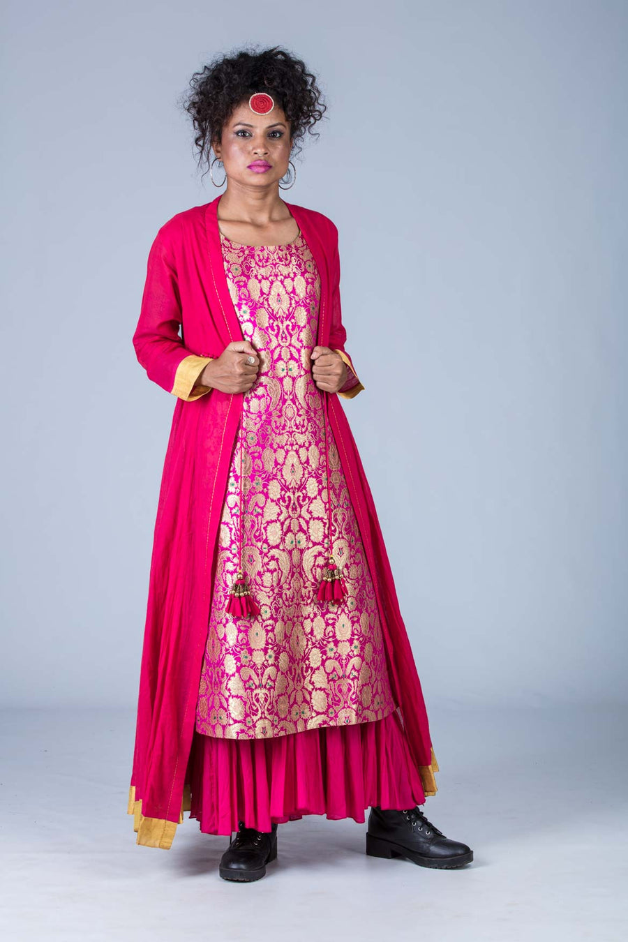 Set of 2- Pink Banarasi Silk Dress & Cotton Silk Jacket