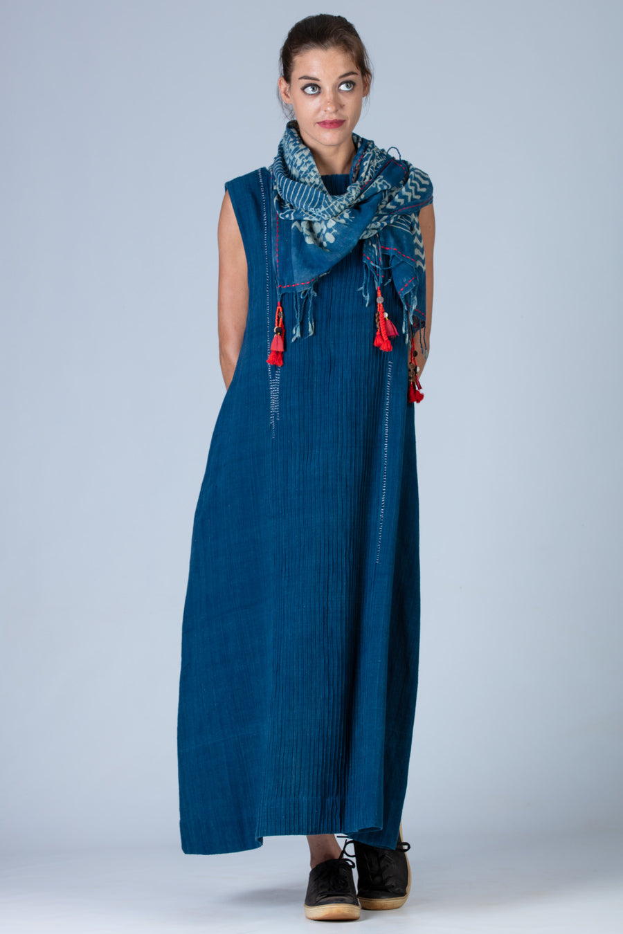 Natural Indigo Sleeveless All Over Pintuck Dress