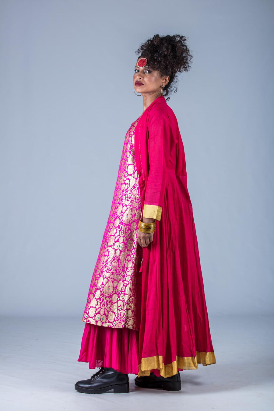 Set of 2- Pink Banarasi Silk Dress & Cotton Silk Jacket