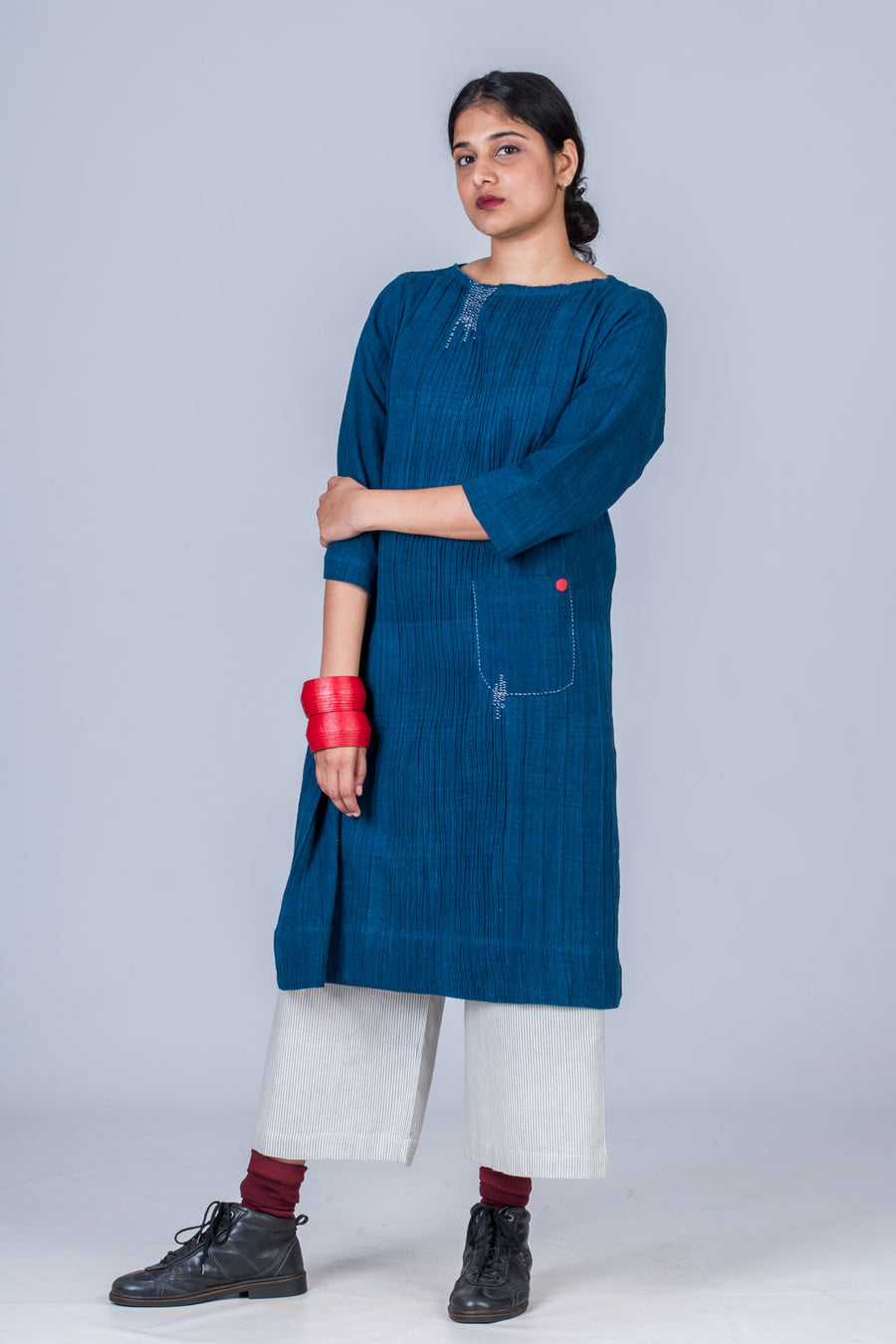 Natural Indigo Cotton pintuck dress - PARINA - Upasana Design Studio