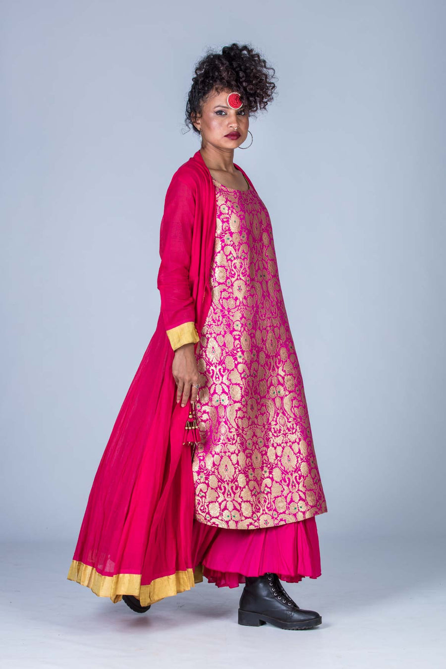 Set of 2- Pink Banarasi Silk Dress & Cotton Silk Jacket