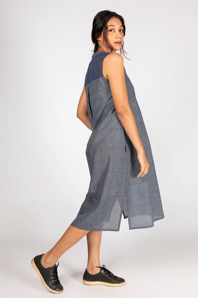 Natural Indigo Organic Cotton Checked Dress - RAGA - Upasana Design Studio