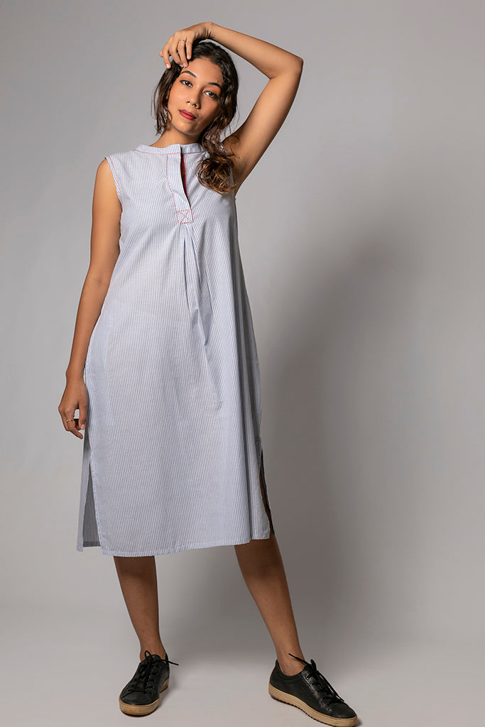 Blue Organic Cotton Checked Dress - RAGA - Upasana Design Studio