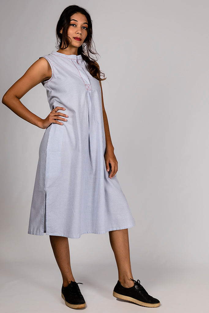Blue Organic Cotton Checked Dress - RAGA - Upasana Design Studio