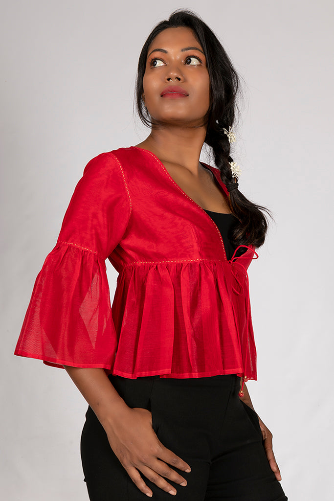 Red Cotton Silk Jamdani Top - PIA - Upasana Design Studio