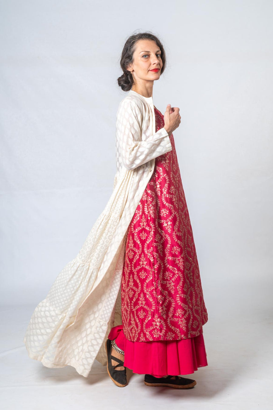 Set of 3- Pink Silk Embroidered Dress, Hand Woven Cutwork Jacket, Skirt