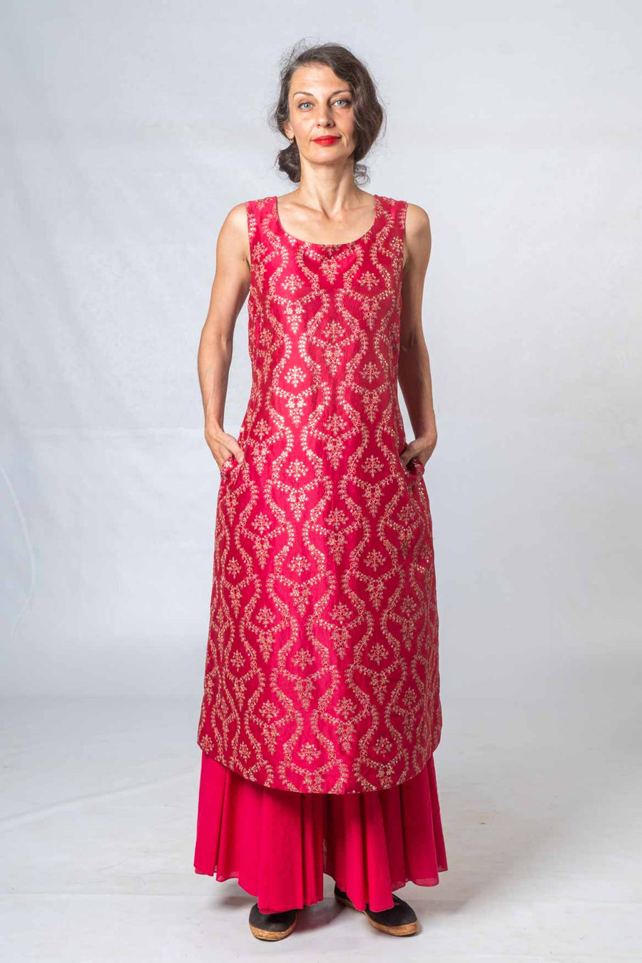 Set of 3- Pink Silk Embroidered Dress, Hand Woven Cutwork Jacket, Skirt