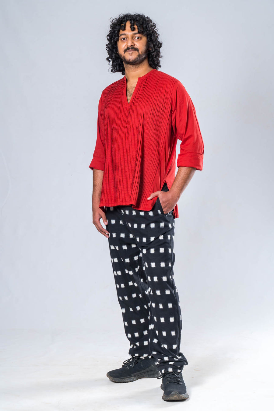 Set of 2- Gender-Fluid Organic Cotton Red Top, Black Ikat Pant
