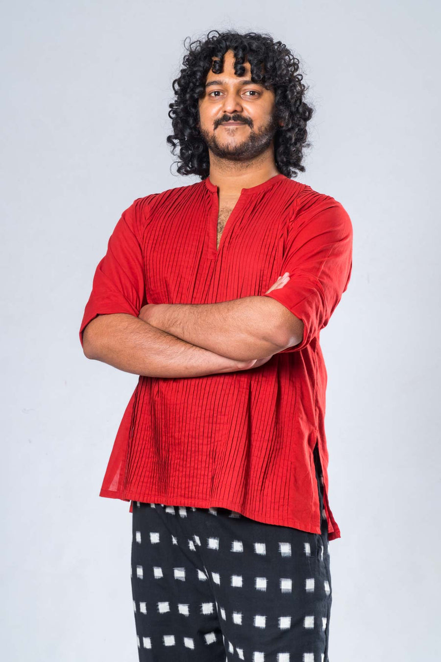 Set of 2- Gender-Fluid Organic Cotton Red Top, Black Ikat Pant