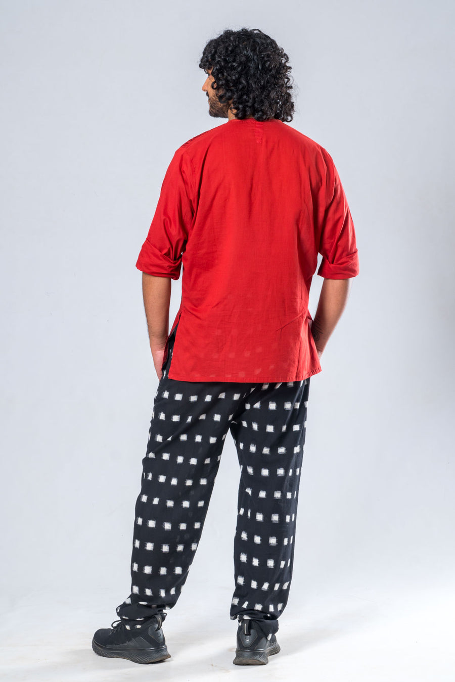 Set of 2- Gender-Fluid Organic Cotton Red Top, Black Ikat Pant