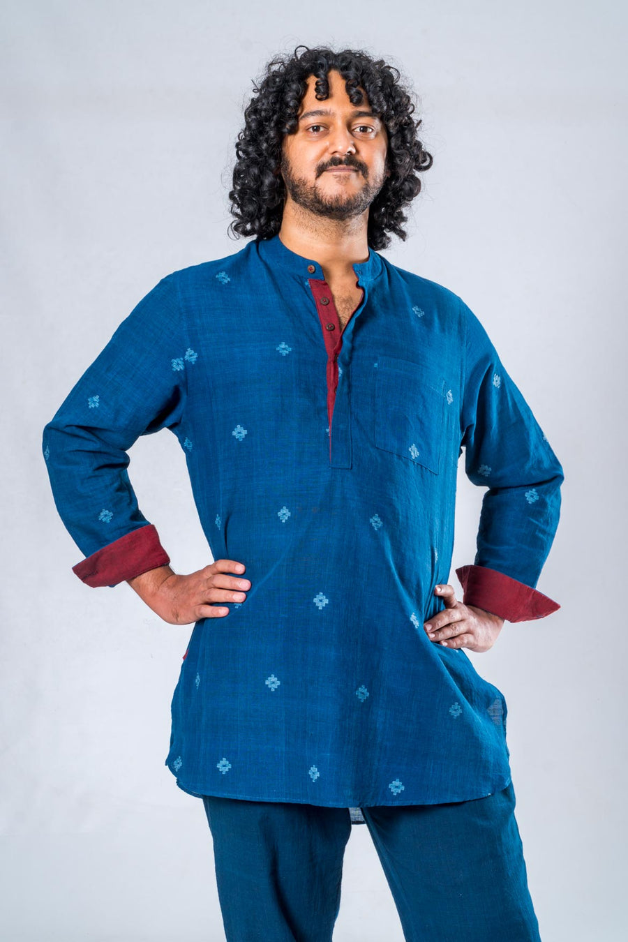 Indigo Khadi Jamdani Band Collar Shirt