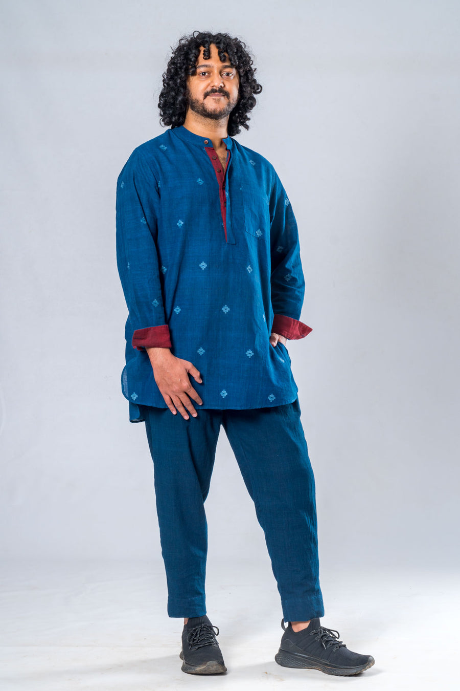 Indigo Khadi Jamdani Band Collar Shirt