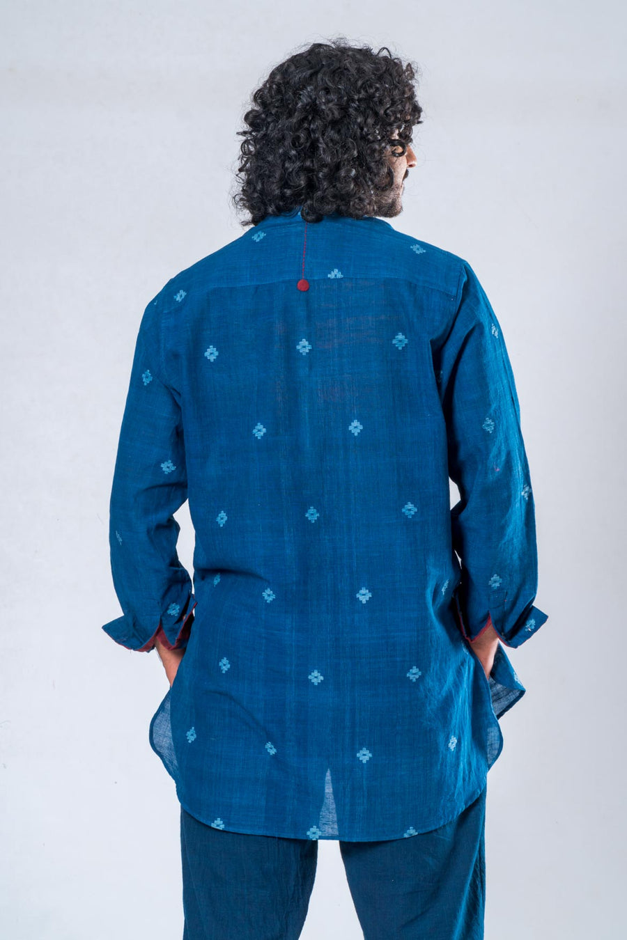 Indigo Khadi Jamdani Band Collar Shirt