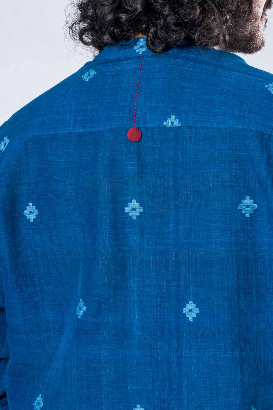 Indigo Khadi Jamdani Band Collar Shirt
