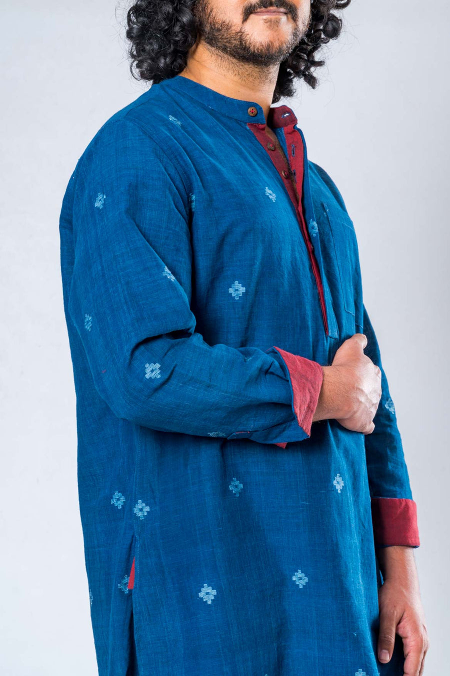 Indigo Khadi Jamdani Band Collar Shirt
