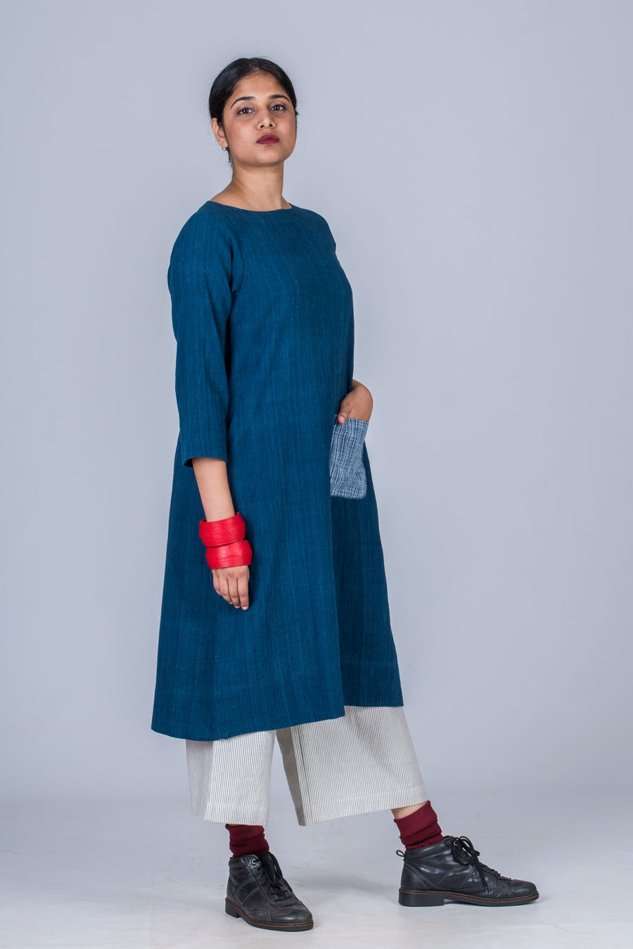 Natural Indigo Khadi Dress - PARINA - Upasana Design Studio