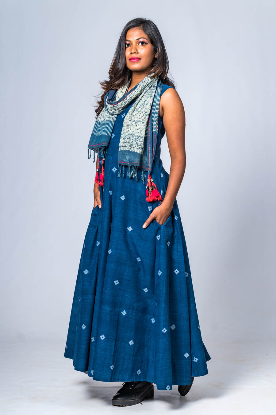 Set of 2- Hand Spun Indigo Jamdani Maxi Dress & Scarf