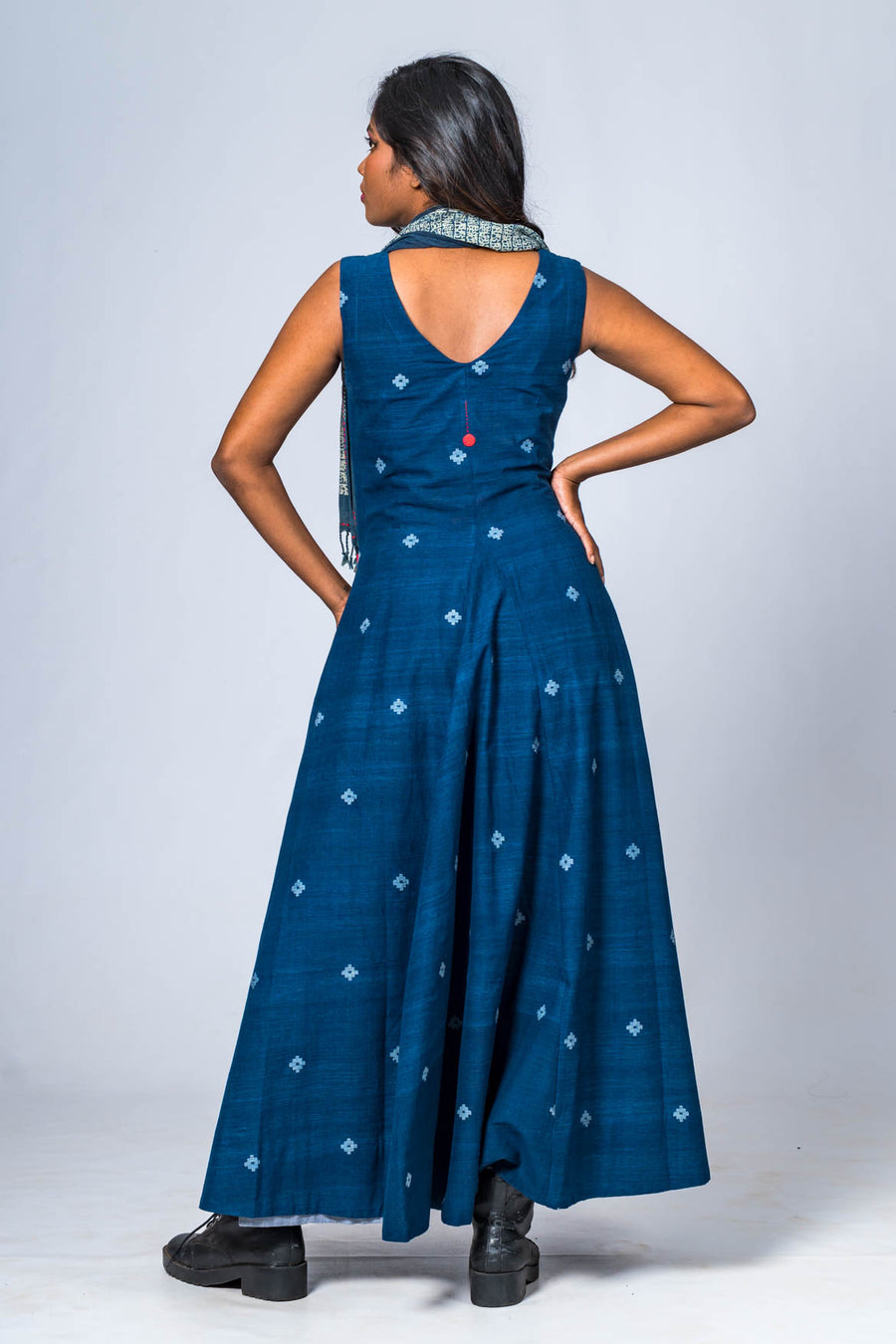 Set of 2- Hand Spun Indigo Jamdani Maxi Dress & Scarf