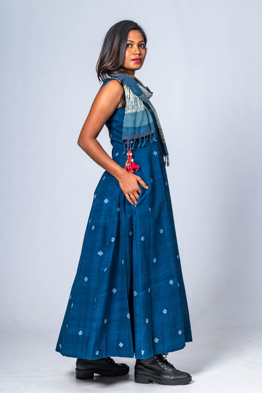 Set of 2- Hand Spun Indigo Jamdani Maxi Dress & Scarf