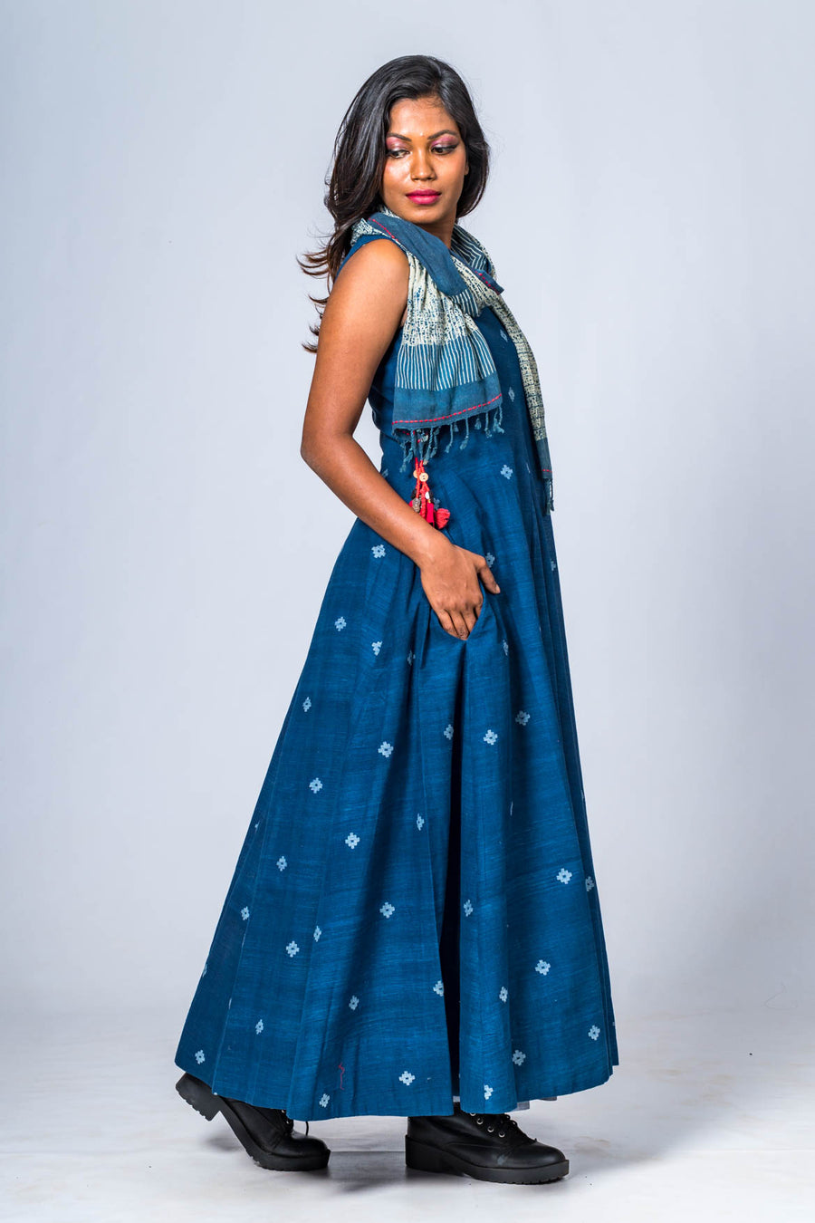 Set of 2- Hand Spun Indigo Jamdani Maxi Dress & Scarf