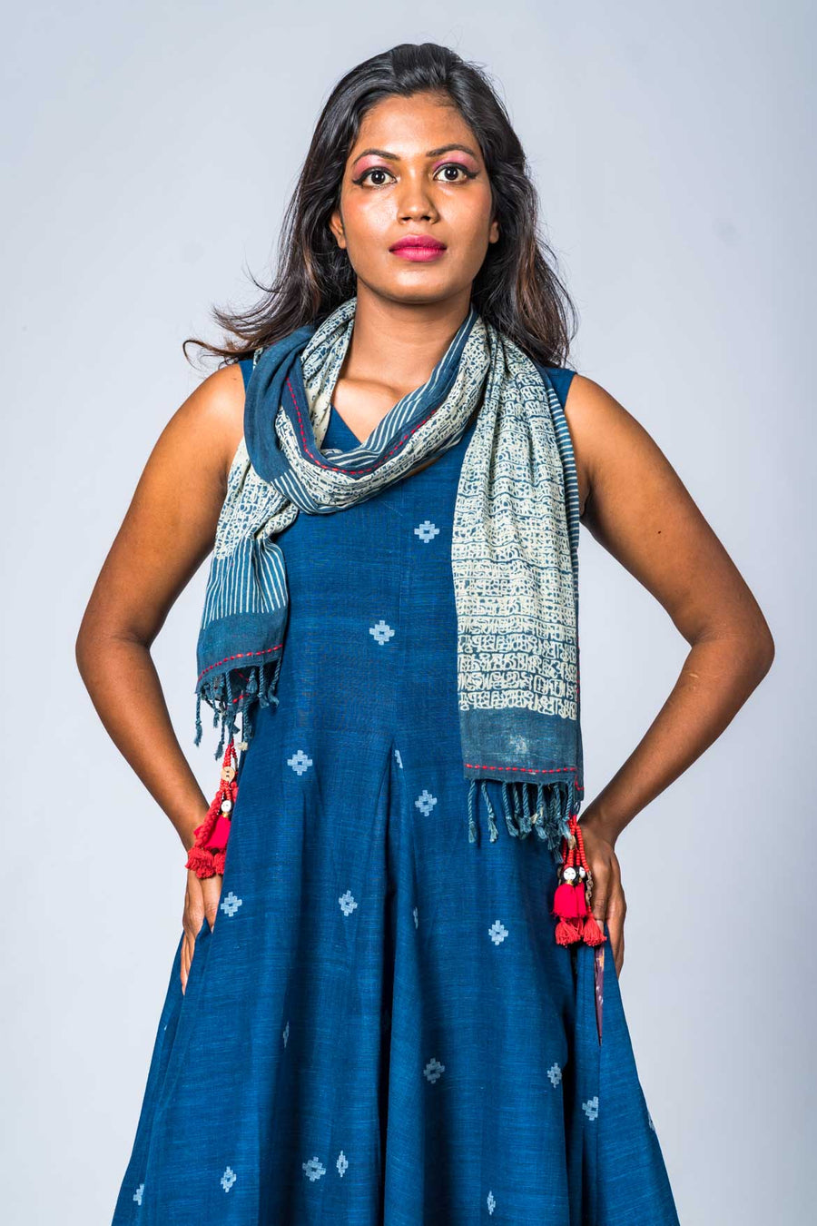 Set of 2- Hand Spun Indigo Jamdani Maxi Dress & Scarf