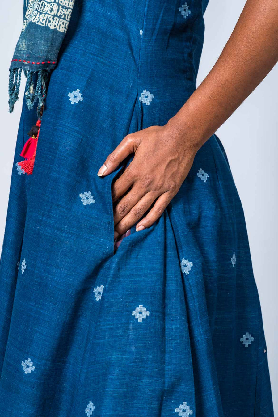 Set of 2- Hand Spun Indigo Jamdani Maxi Dress & Scarf