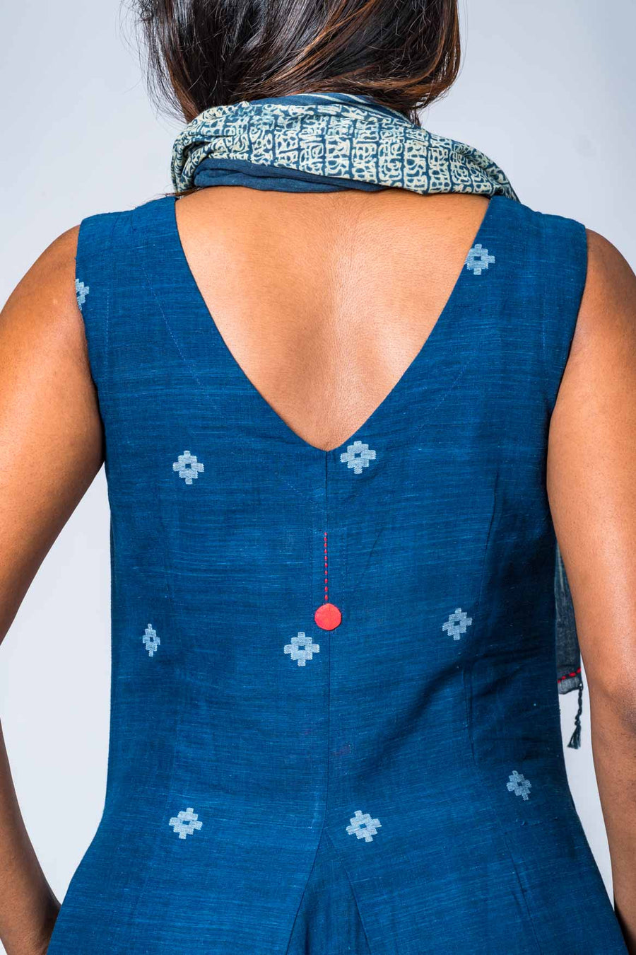 Set of 2- Hand Spun Indigo Jamdani Maxi Dress & Scarf