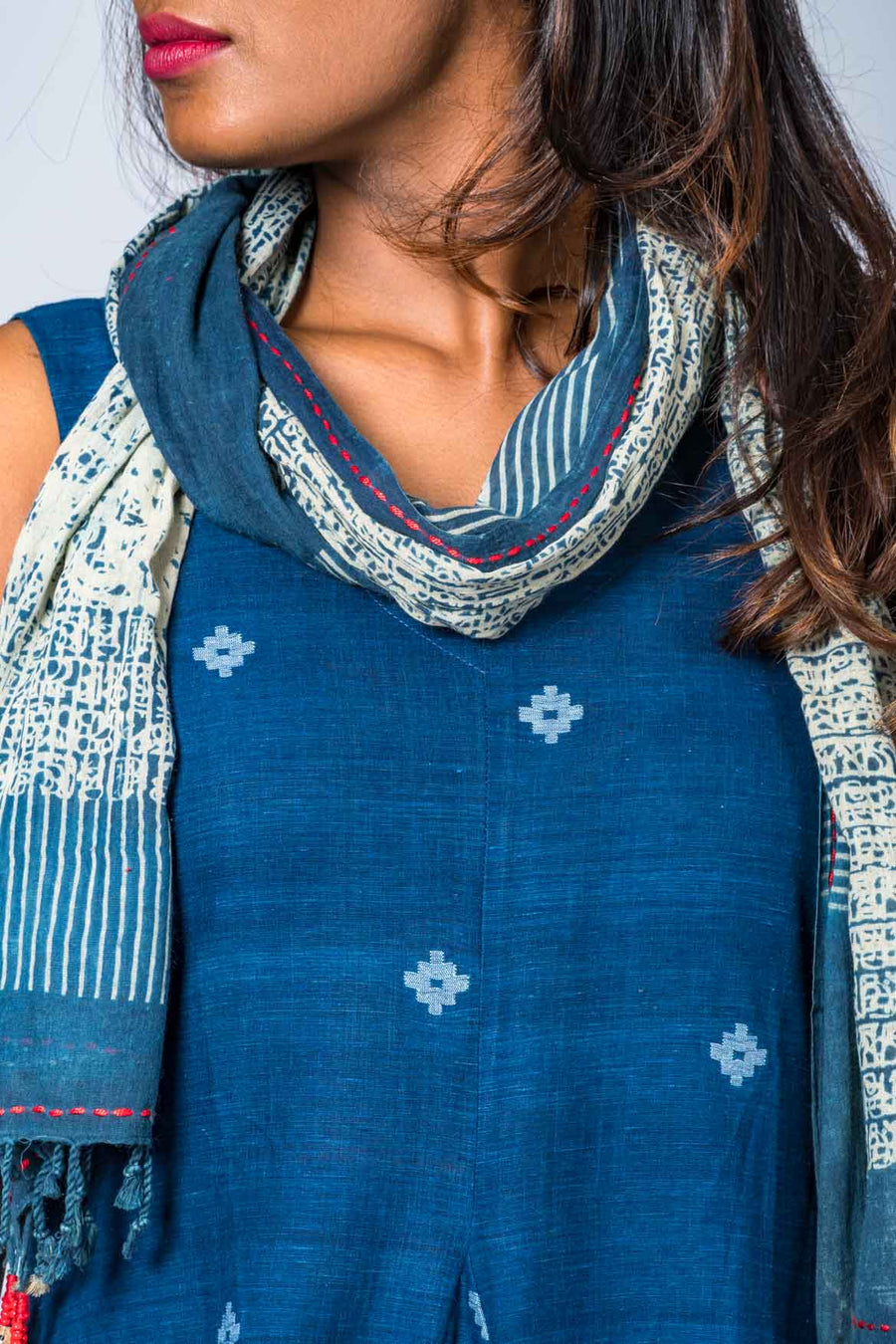 Set of 2- Hand Spun Indigo Jamdani Maxi Dress & Scarf