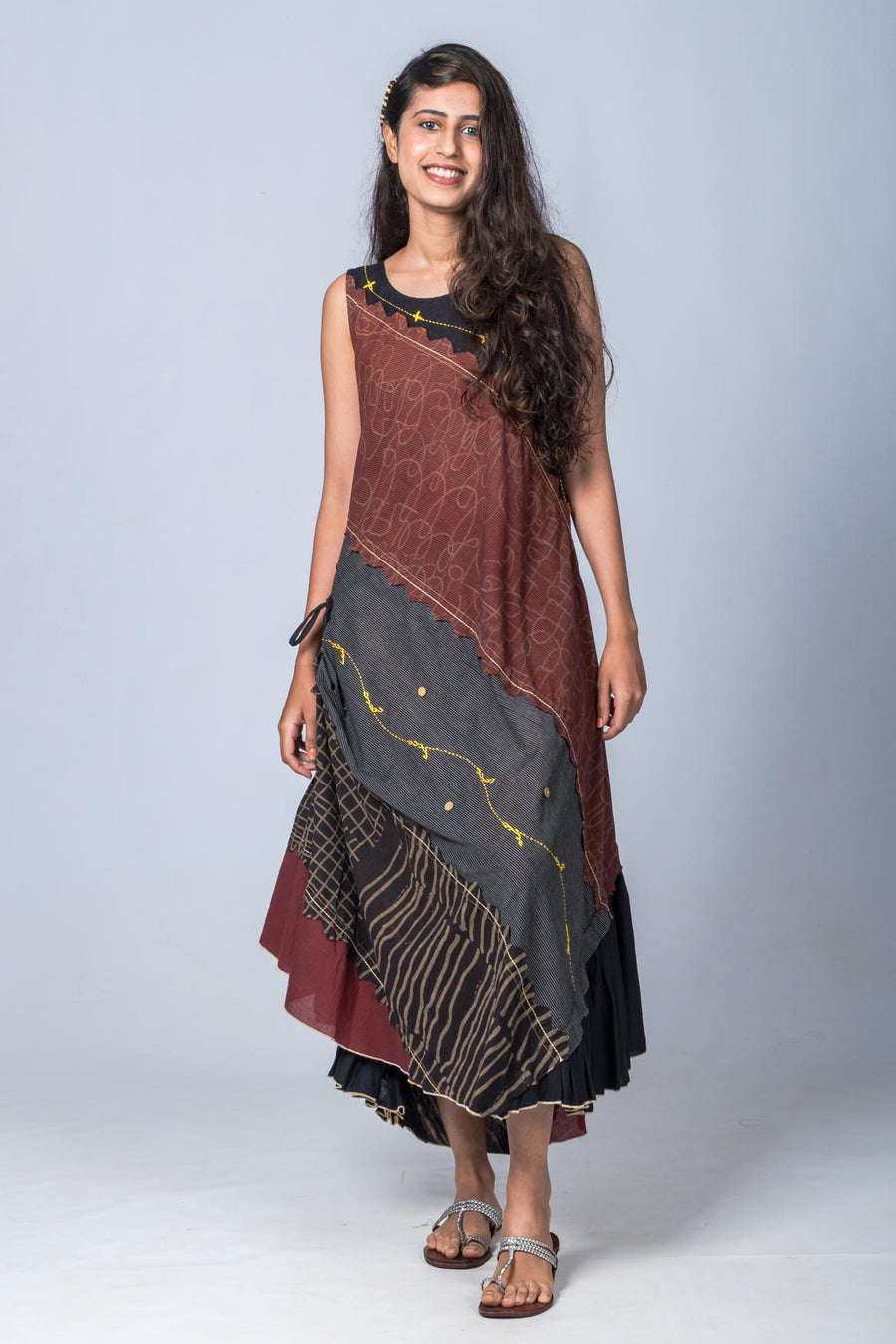Aarnavi-Upcycled Organic Cotton Maroon and Black Dress