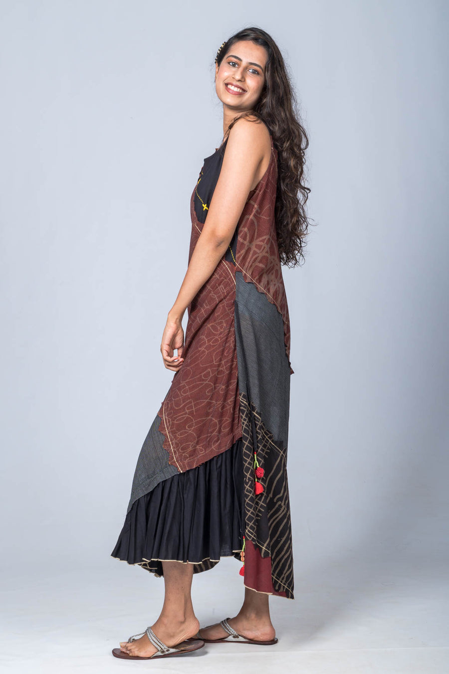 Aarnavi-Upcycled Organic Cotton Maroon and Black Dress