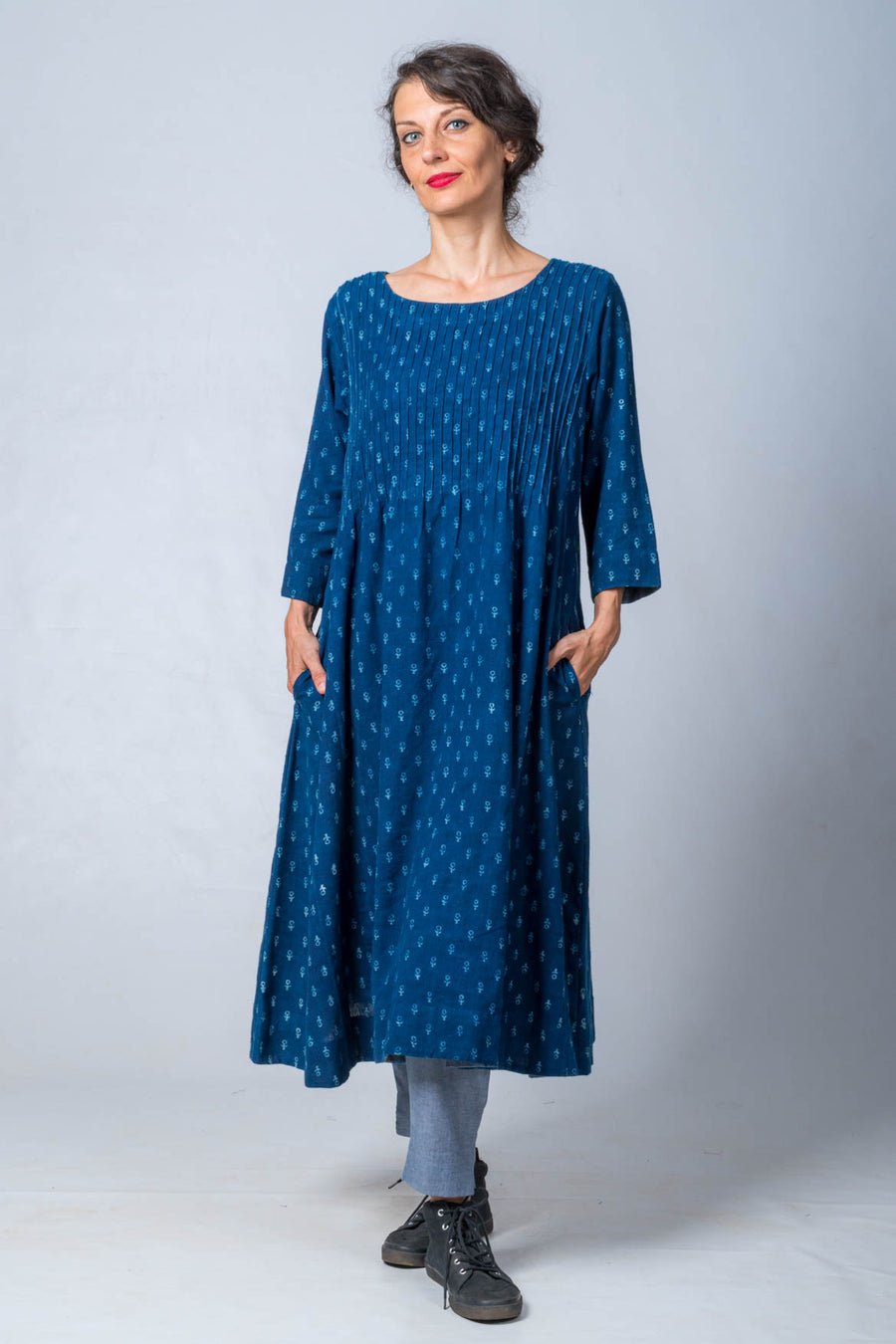 Pure Indigo Block printed Dress in Khadi- UDUPU