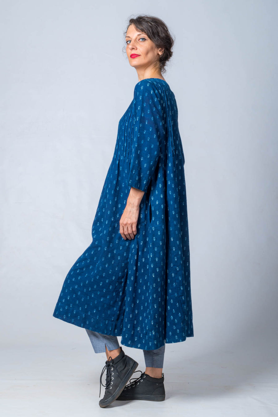 Pure Indigo Block printed Dress in Khadi- UDUPU