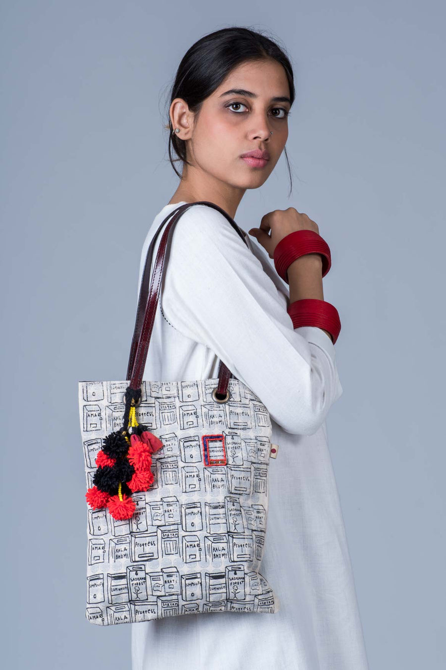 Organic Cotton Doodle Women Tote Bag with hand-emboidery