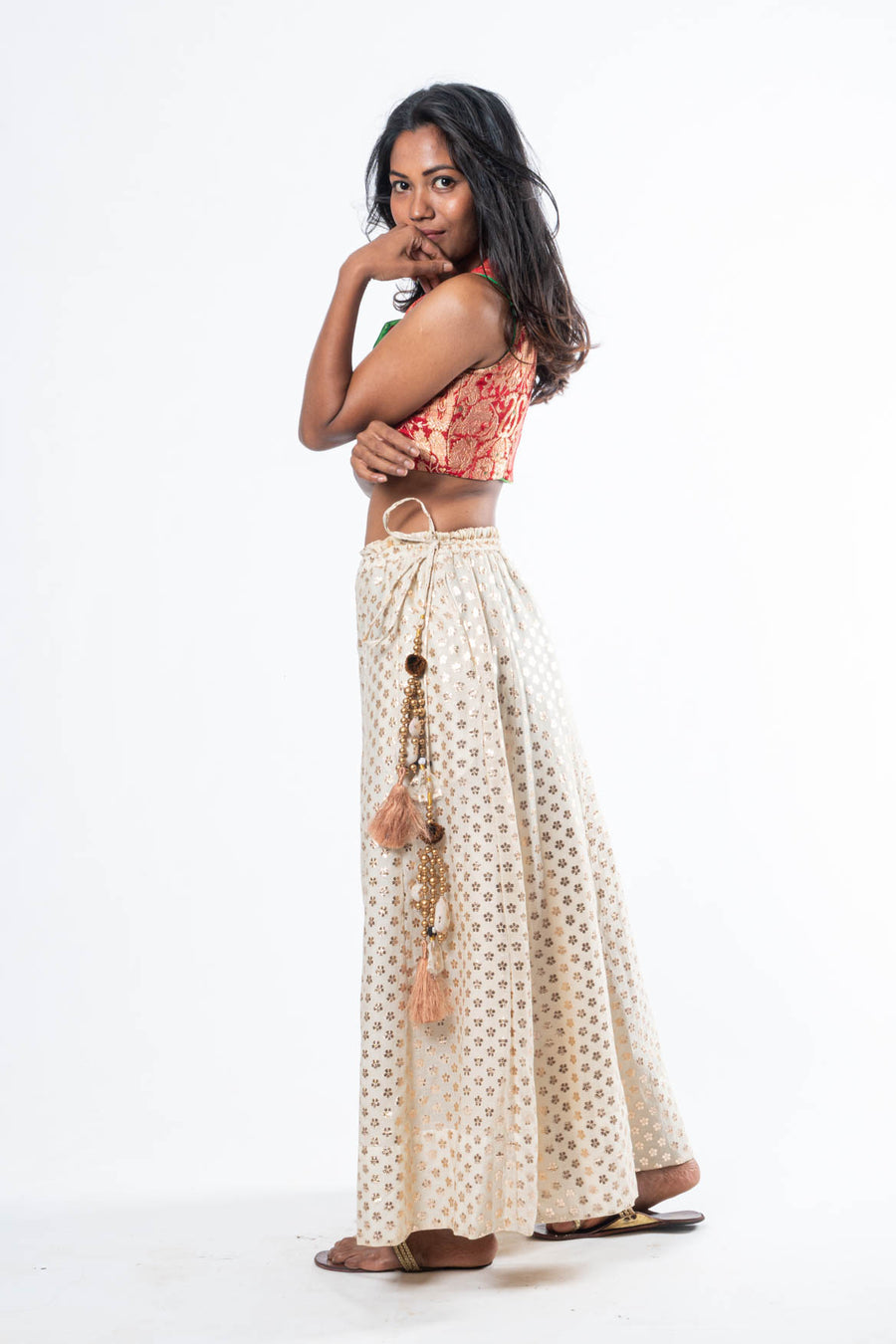 White Pure Silk Palazzo Pants and red silk blouse set  - PALA