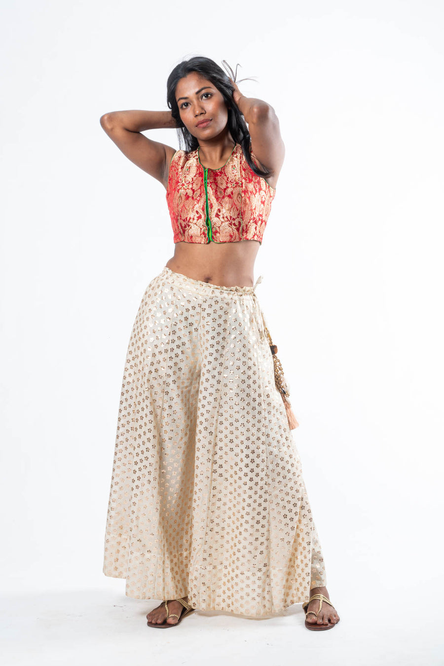 White Pure Silk Palazzo Pants and red silk blouse set  - PALA