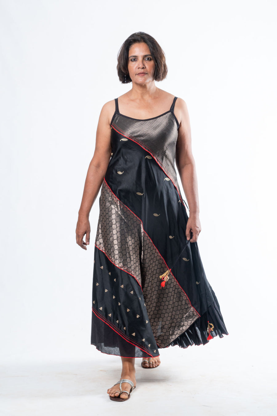 Black Silk Spaghetti Strap Panelled Dress