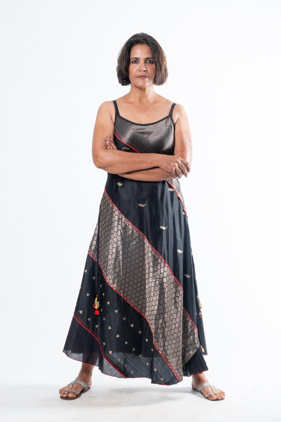 Black Silk Spaghetti Strap Panelled Dress