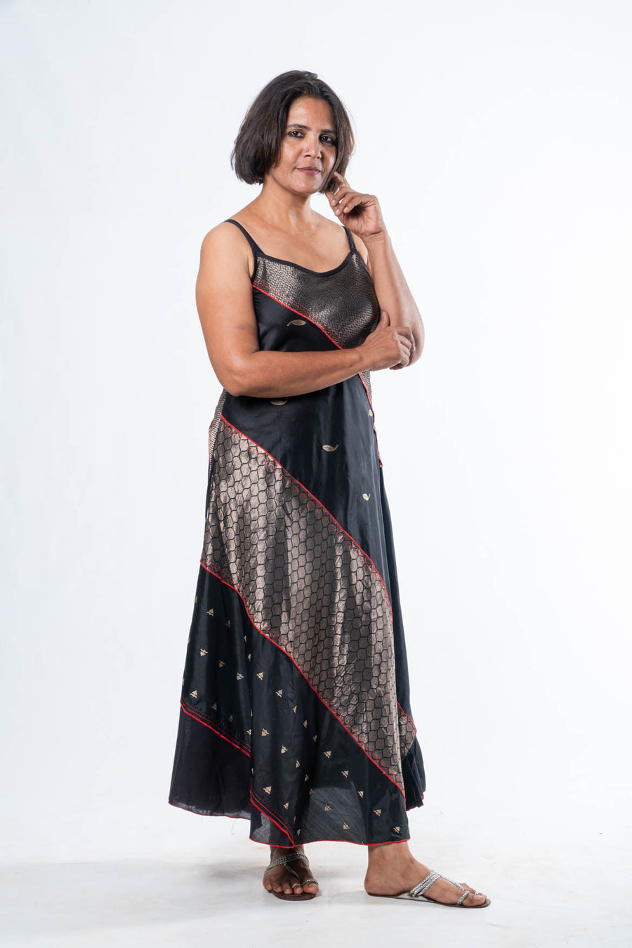 Black Silk Spaghetti Strap Panelled Dress
